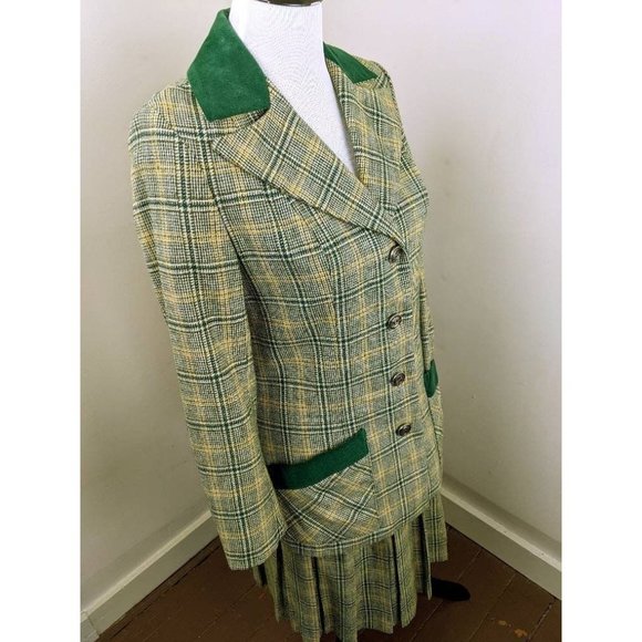 Vtg 60s Green Yellow Scottish Plaid Wool Blazer Skirt Suit Set Velvet Collar - Picture 3 of 9